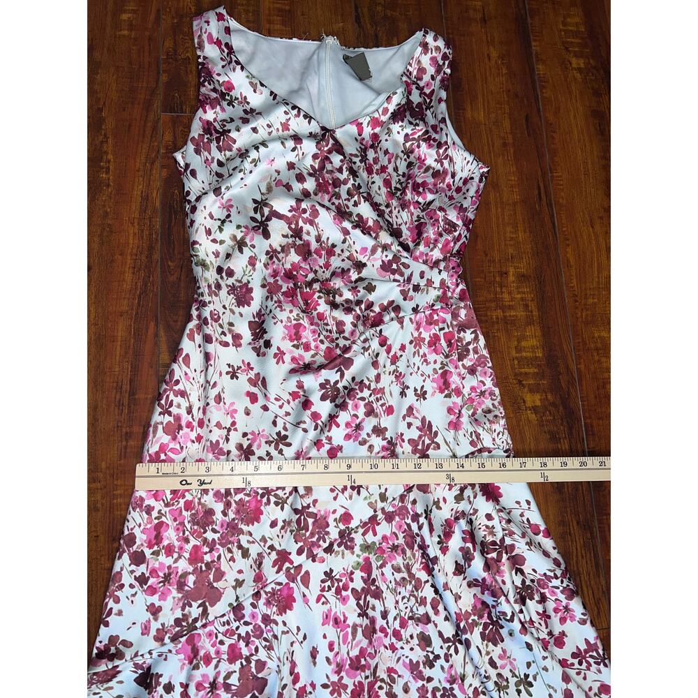 Taylor Floral Satin Midi Dress Women 4 pink Ruched Asymmetrical Handkerchief Hem - Picture 7 of 10